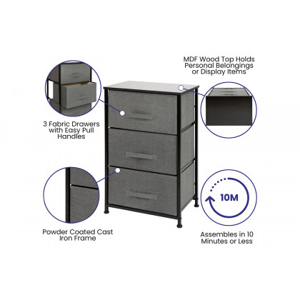 BLNK Harris 3 Drawer Wood Top Iron Frame Vertical Storage Dresser with Easy Pull Drawers - Black/Dark Gray