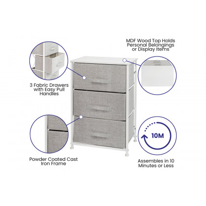 BLNK Harris 3 Drawer Wood Top Iron Frame Vertical Storage Dresser with Easy Pull Drawers - White/Light Gray