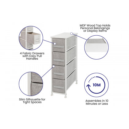 BLNK Harris 4 Drawer Slim Wood Top Iron Frame Dresser Storage Tower with Easy Pull Drawers - White/Light Gray