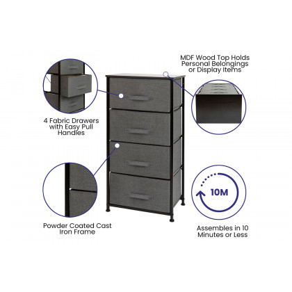 BLNK Harris 4 Drawer Wood Top Iron Frame Vertical Storage Dresser with Easy Pull Drawers - Black/Dark Gray