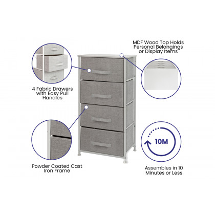 BLNK Harris 4 Drawer Wood Top Iron Frame Vertical Storage Dresser with Easy Pull Drawers - White/Light Gray