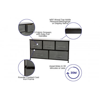 BLNK Harris 5 Drawer Wood Top Iron Frame Vertical Storage Dresser with Easy Pull Drawers - Black/Dark Gray