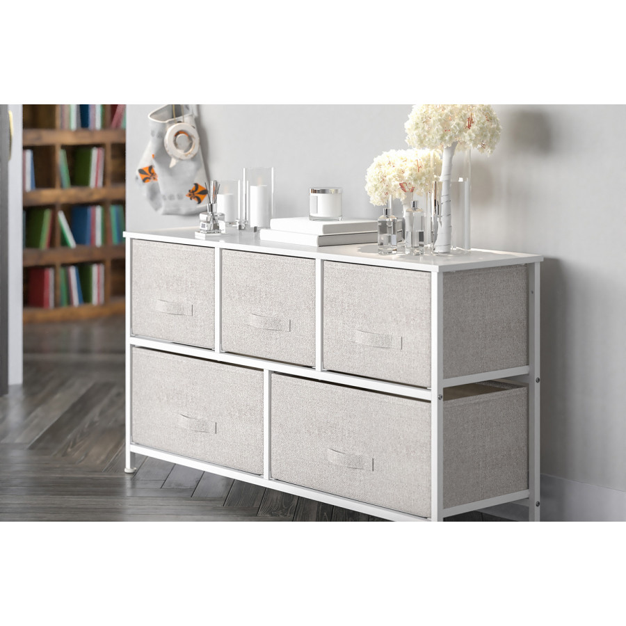 BLNK Harris 5 Drawer Wood Top Iron Frame Vertical Storage Dresser with Easy Pull Drawers - White/Light Gray