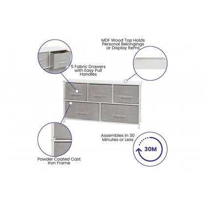 BLNK Harris 5 Drawer Wood Top Iron Frame Vertical Storage Dresser with Easy Pull Drawers - White/Light Gray