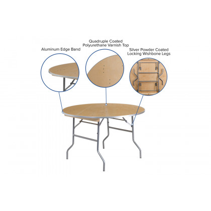 BLNK Fielder Round Birchwood Heavy Duty Folding Banquet Table with Metal Edges - 4'D