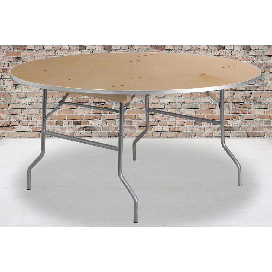 BLNK Fielder Round Birchwood Heavy Duty Folding Banquet Table with Metal Edges - 5'D
