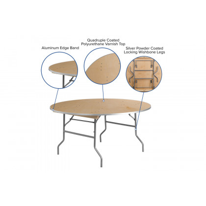 BLNK Fielder Round Birchwood Heavy Duty Folding Banquet Table with Metal Edges - 5'D