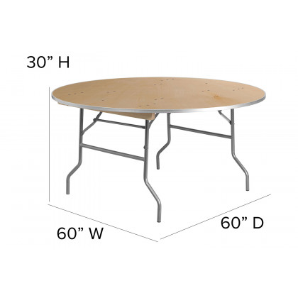BLNK Fielder Round Birchwood Heavy Duty Folding Banquet Table with Metal Edges - 5'D