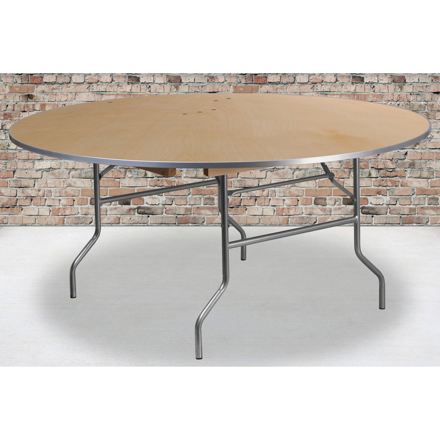 BLNK Fielder Round Birchwood Heavy Duty Folding Banquet Table with Metal Edges - 5.5'D