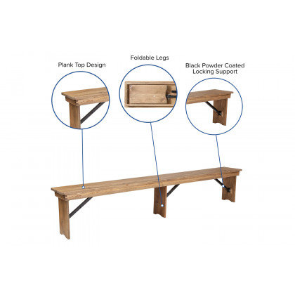 BLNK - HERCULES Series Antique Rustic Solid Pine Folding Farm Bench with 3 Legs