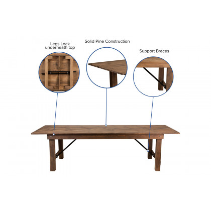 BLNK HERCULES Series Rectangular Antique Rustic Solid Pine Folding Farm Table - Natural, 40"W x 9'L