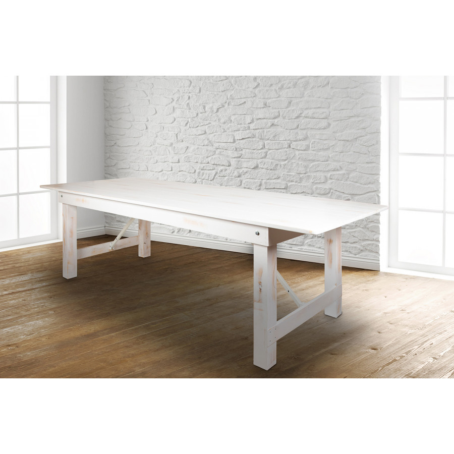 BLNK HERCULES Series Rectangular Antique Rustic Solid Pine Folding Farm Table - White, 40"W x 9'L