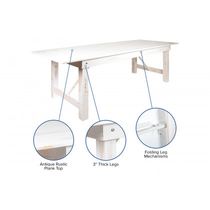 BLNK HERCULES Series Rectangular Antique Rustic Solid Pine Folding Farm Table - White, 40"W x 9'L