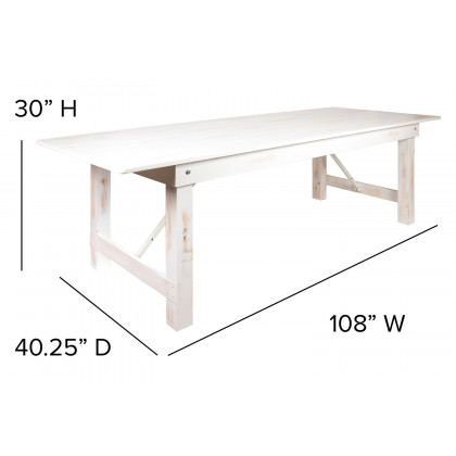 BLNK HERCULES Series Rectangular Antique Rustic Solid Pine Folding Farm Table - White, 40"W x 9'L