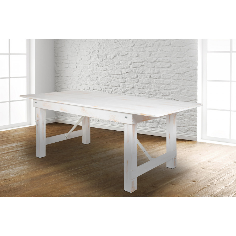BLNK HERCULES Series Rectangular Antique Rustic Solid Pine Folding Farm Table - White, 40"W x 7'L