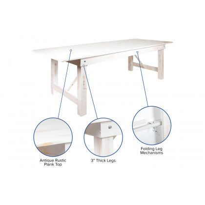 BLNK HERCULES Series Rectangular Antique Rustic Solid Pine Folding Farm Table - White, 40"W x 7'L
