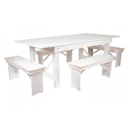 BLNK HERCULES Series Antique Rustic Folding Farm Table and Four Bench Set - White, 40"W x 7'L