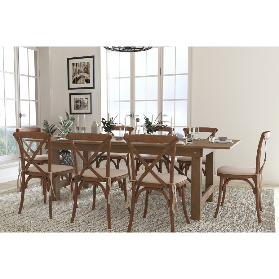 BLNK HERCULES Series Antique Rustic Folding Farm Table Set with 8 Cross Back Chairs and Cushions - 40"W x 8'L