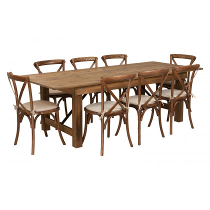 BLNK HERCULES Series Antique Rustic Folding Farm Table Set with 8 Cross Back Chairs and Cushions - 40"W x 8'L