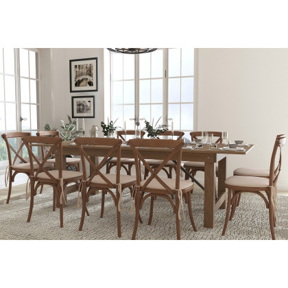BLNK - HERCULES Series Antique Rustic Folding Farm Table Set with 10 Cross Back Chairs and Cushions