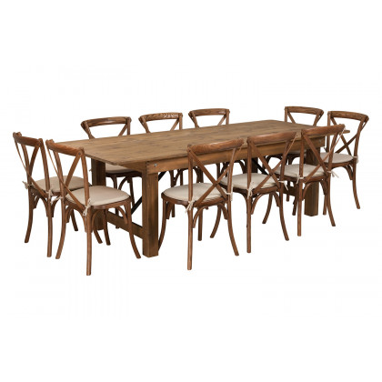 BLNK HERCULES Series Antique Rustic Folding Farm Table Set with 10 Cross Back Chairs and Cushions - 40"W x 8'L