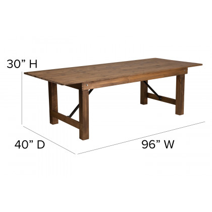 BLNK HERCULES Series Antique Rustic Folding Farm Table Set with 10 Cross Back Chairs and Cushions - 40"W x 8'L