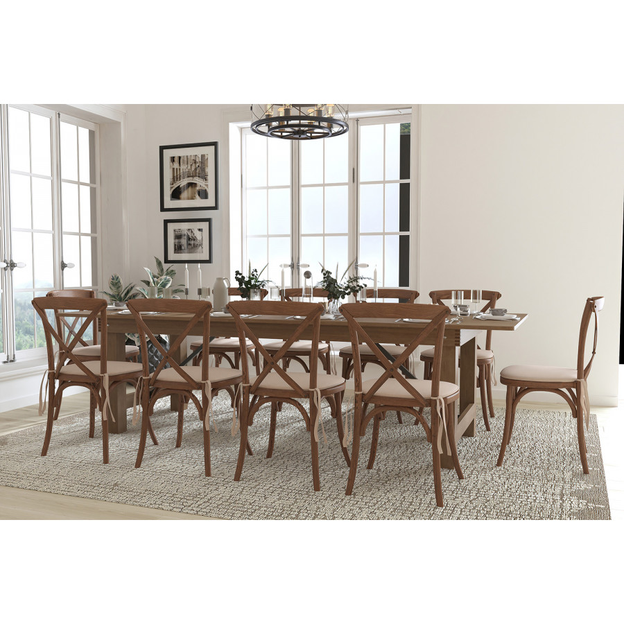 BLNK - HERCULES Series Antique Rustic Folding Farm Table Set with 10 Cross Back Chairs and Cushions