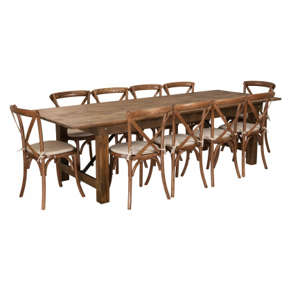 BLNK - HERCULES Series Antique Rustic Folding Farm Table Set with 10 Cross Back Chairs and Cushions
