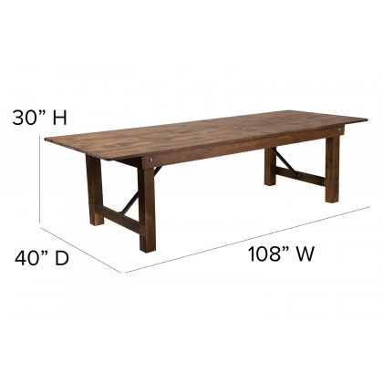 BLNK HERCULES Series Antique Rustic Folding Farm Table Set with 10 Cross Back Chairs and Cushions - 40"W x 9'L