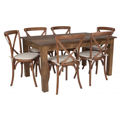 BLNK - HERCULES Antique Rustic Farm Table Set with 6 Cross Back Chairs and Cushions