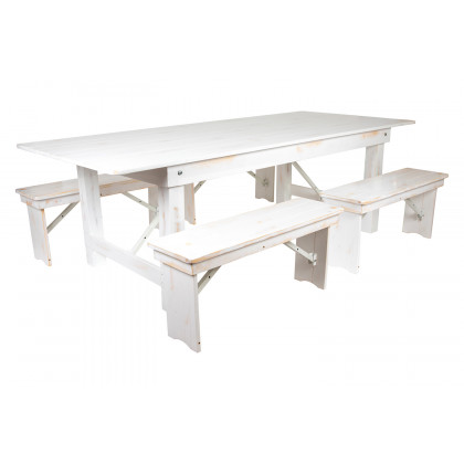 BLNK HERCULES Series Antique Rustic Folding Farm Table and Four 40.25"L Bench Set - White