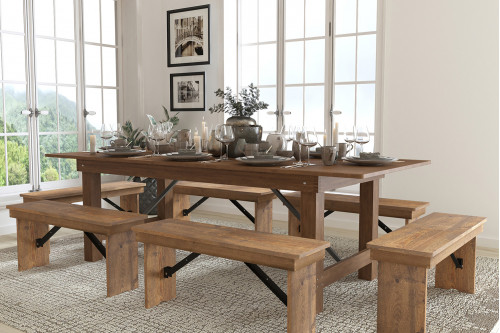 BLNK® HERCULES Series Antique Rustic Folding Farm Table and Six Bench Set - Natural