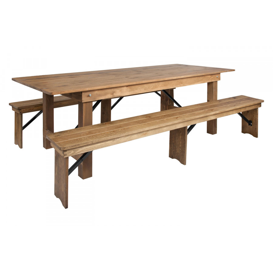 BLNK HERCULES Series Antique Rustic Folding Farm Table and Two Bench Set - Natural, 40"W x 8'L