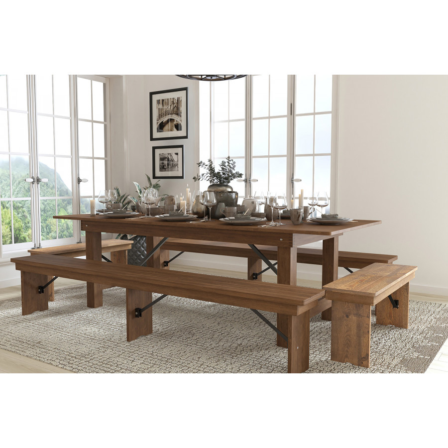 BLNK HERCULES Series Antique Rustic Folding Farm Table and Four Bench Set - Natural, 40"W x 8'L