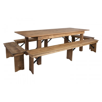 BLNK HERCULES Series Antique Rustic Folding Farm Table and Four Bench Set - Natural, 40"W x 8'L
