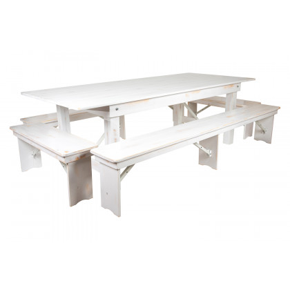 BLNK HERCULES Series Antique Rustic Folding Farm Table and Four Bench Set - White, 40"W x 8'L
