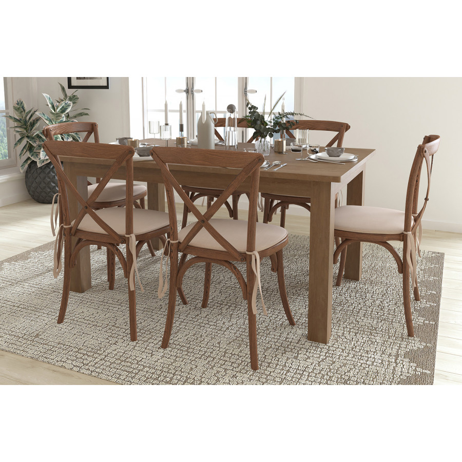 BLNK HERCULES Series Antique Rustic Folding Farm Table Set with 6 Cross Back Chairs and Cushions - Natural