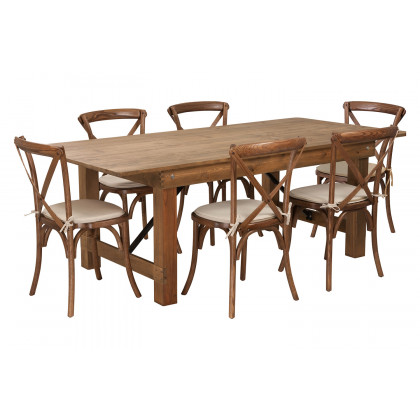 BLNK HERCULES Series Antique Rustic Folding Farm Table Set with 6 Cross Back Chairs and Cushions - Natural