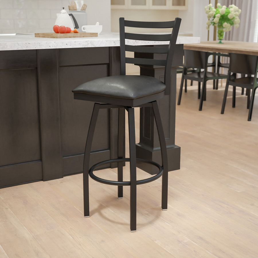 BLNK - HERCULES Series Black Metal Ladder Back Swivel Bar Stool with Vinyl Seat