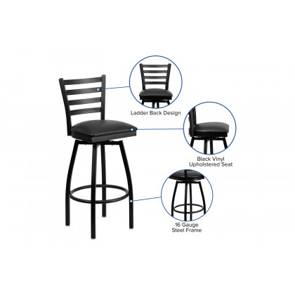 BLNK HERCULES Series Black Metal Ladder Back Swivel Bar Stool with Vinyl Seat - Black