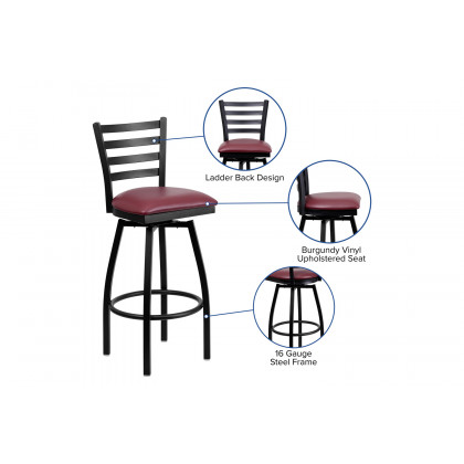BLNK HERCULES Series Black Metal Ladder Back Swivel Bar Stool with Vinyl Seat - Burgundy
