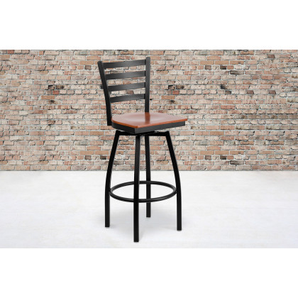 BLNK - HERCULES Series Black Metal Ladder Back Swivel Bar Stool with Wood Seat