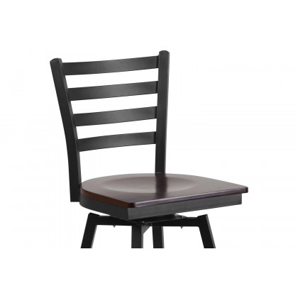 BLNK HERCULES Series Black Metal Ladder Back Swivel Bar Stool with Wood Seat - Walnut