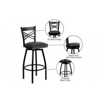 BLNK HERCULES Series Black Metal "X" Back Swivel Bar Stool with Vinyl Seat - Black