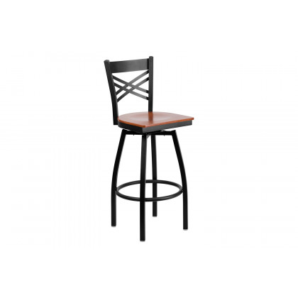 BLNK HERCULES Series Black Metal "X" Back Swivel Bar Stool with Wood Seat - Cherry