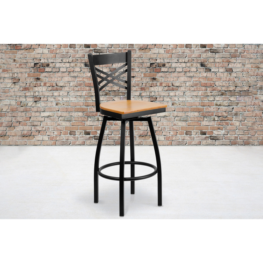 BLNK HERCULES Series Black Metal "X" Back Swivel Bar Stool with Wood Seat - Natural