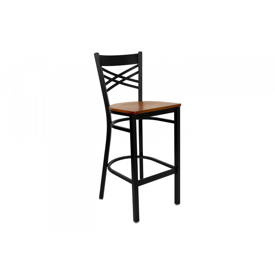 BLNK HERCULES Series Black Metal "X" Back Restaurant Bar Stool with Wood Seat - Cherry
