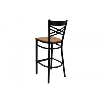 BLNK HERCULES Series Black Metal "X" Back Restaurant Bar Stool with Wood Seat - Cherry