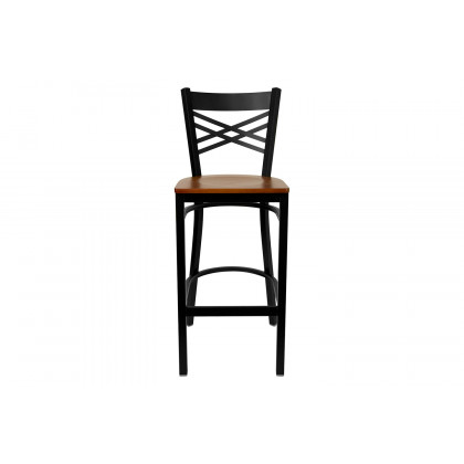BLNK HERCULES Series Black Metal "X" Back Restaurant Bar Stool with Wood Seat - Cherry