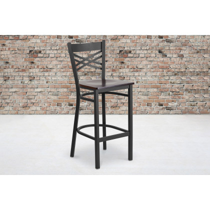 BLNK - HERCULES Series Black Metal "X" Back Restaurant Bar Stool with Wood Seat